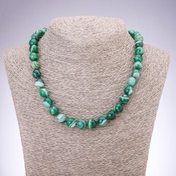 Necklace of natural agate stone - green smooth round beads, 10mm diameter, 45cm length