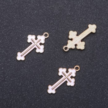 Cross pendant finding, white enamel with gold finish, 14mm diameter, 26mm length, inner diameter 1.7mm, pack of 10