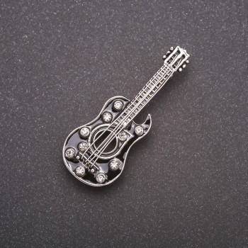 Guitar Brooch with Black Enamel and Crystals
