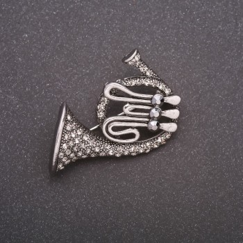 Brooch 'Trumpet in Rhinestones' Gray Metal 42x45mm