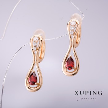 Xuping Earrings with Red Stone, 25x8 mm, 18K Gold Plating