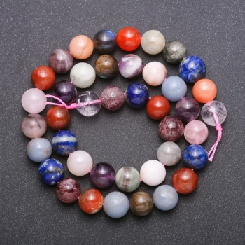 Assorted natural stone beads on thread, smooth round beads, diameter 10 mm (+/-), length 38 cm