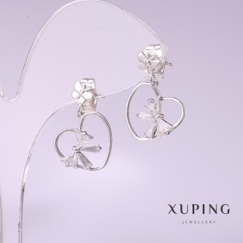 Xuping Earrings 'Hearts with White Stone' 20x15mm Rhodium