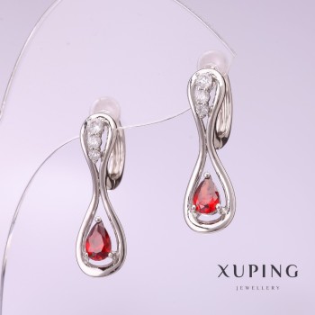 Xuping Earrings with Red Stone, 25x8 mm Rhodium-Plated