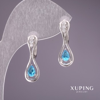 Xuping Earrings with Blue Stones, 25×9 mm, Rhodium-Plated