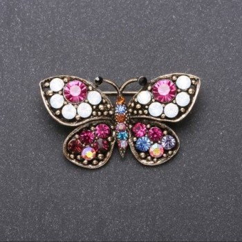 Butterfly Brooch with Multicolored Rhinestones, 43×25 mm, Yellow Metal