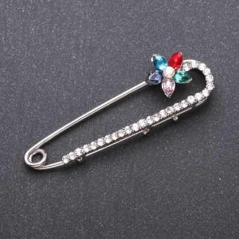 Brooch pin with multicolored glass crystals, 64x19 mm, white metal