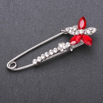 Brooch pin with red glass crystals, 68×23 mm, white metal