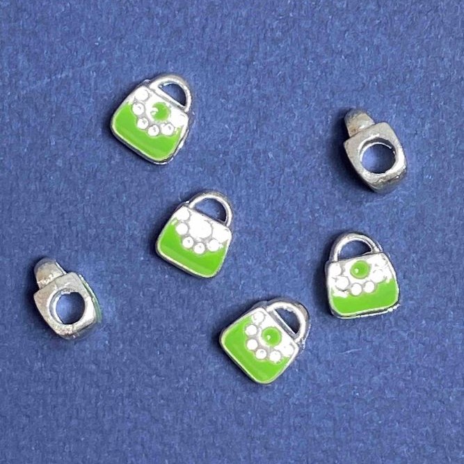 Pandora Charm Bead - Green Purse, 10mm, Light Gray Metal