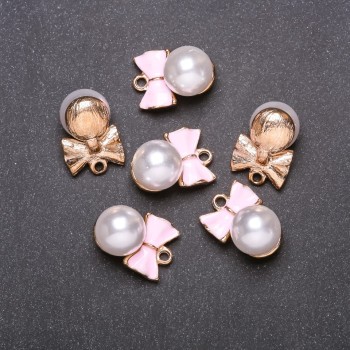 Findings Pendant - Pink Bow with Bead, 14 mm diameter, 20 mm length, Yellow metal, Pack 6 pcs