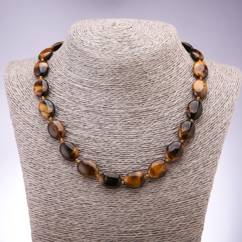 Tiger's Eye natural stone necklace, flat oval, 13x18 mm, length 45 cm