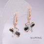 Xuping Earrings with 18K Gold Plating and Rhodium, featuring Black Stones and White Rhinestones, 30x12mm