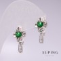 Xuping Rhodium Earrings with Green Stones and White Crystals, 20x10 mm
