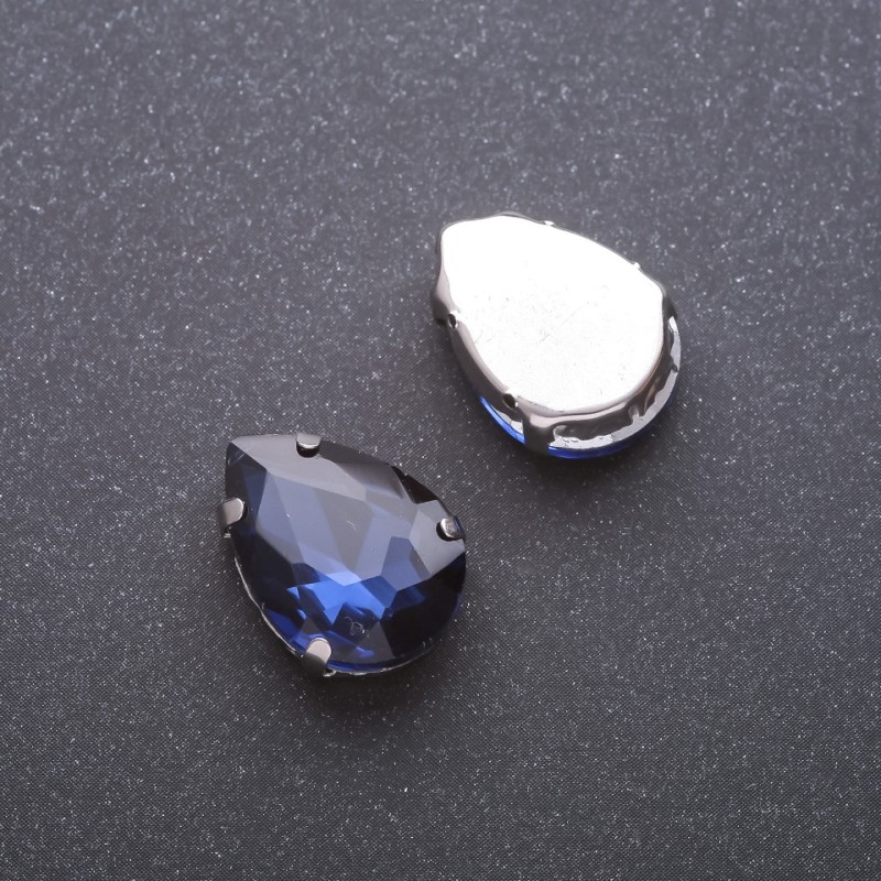 Blue teardrop sew-on crystal on a metal pin, 13×18 mm
