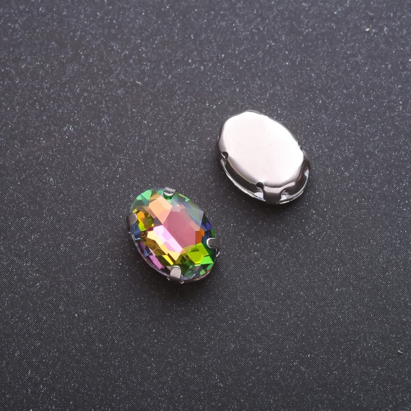 Price per pack / 10 pcs - Sew-on crystal in prong oval 10x14 mm green-pink