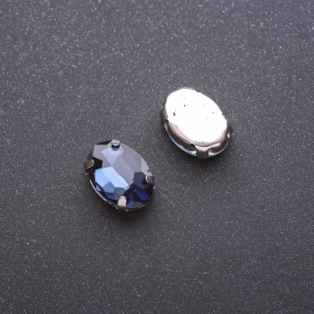 Sew-on crystal in cap setting, oval 10×14 mm blue