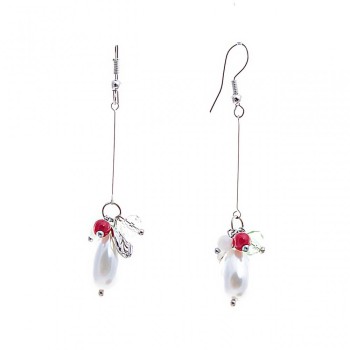 Drop Earrings with White and Red Beads Inspired by 'Pearls' and 'Coral' 65mm