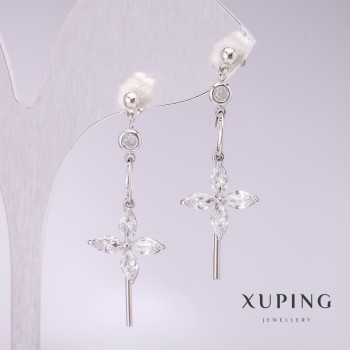 Xuping Earrings 'Flowers with White Stones' 40x13mm Rhodium-Plated