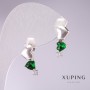 Xuping Earrings - Garland of Hearts with Green Stones, 17x7mm, Rhodium