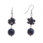 Drop earrings with small and large black agate, silver-plated metal, 40 mm