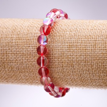 Red opal glass bracelet with smooth beads, 8 mm diameter, 18 cm length on elastic