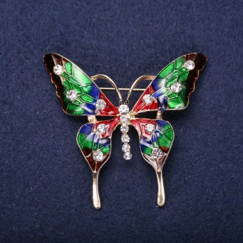 Butterfly Brooch with White Crystals and Red, Green, Burgundy Enamel, 49x53 mm Yellow Metal