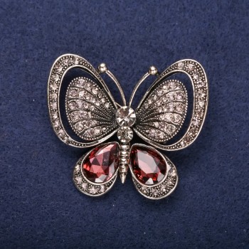 Butterfly Brooch with Brown Stones, 50x44 mm, Yellow Metal