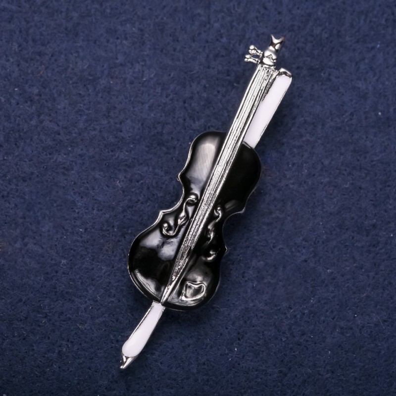 Violin Brooch with Black Enamel, 65×17 mm, Silvery Metal
