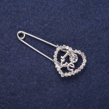 Brooch-pin 'Heart LOVE' with white crystals 43×18 mm silver-tone metal