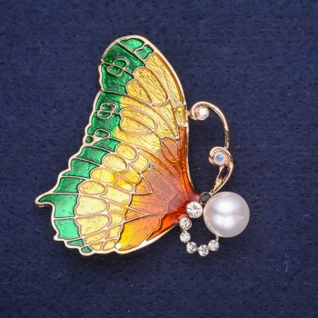Butterfly Brooch with White Crystals, Green Enamel, Gold-Tone Metal, 49x45 mm