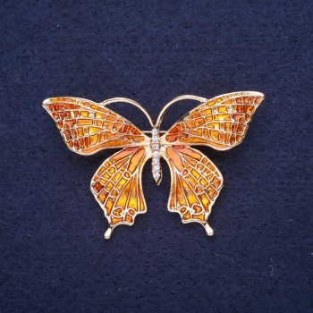 Butterfly Brooch with White Crystals and Enamel, Gold-Tone Metal, 49×32 mm