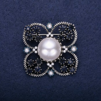 Brooch 'Order of Beauty' with pearl bead embroidery and crystals, color white, gray, white, 42x51 mm, silver-tone metal
