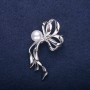 Clearance Bow Brooch with Pearl Bead, White, 50×30 mm, Silver-Toned Metal