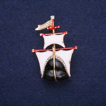 Ship Brooch with Enamel in White and Black, 30×44 mm, Yellow Metal