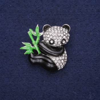 Panda Brooch with Crystals and Enamel, White, Black, and Green, 28×28 mm, Silver-Tone Metal