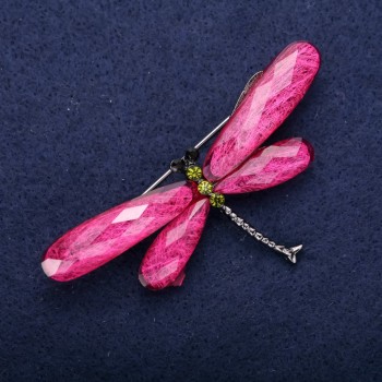 Dragonfly Brooch with Raspberry Wings, 70x35mm, Silver Metal