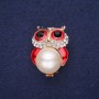 Brooch 'Owl with Pearl Bead', enamel and crystals, colors white, red, black, 32×22 mm, gold-tone metal