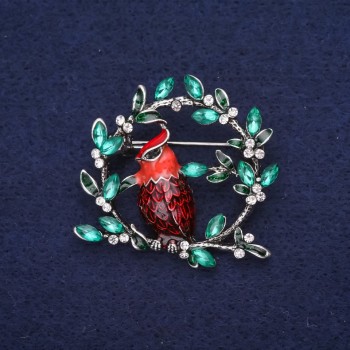 Brooch 'Bird on a Branch' with crystals and enamel, in red, green and burgundy, 38x40 mm, silvery metal
