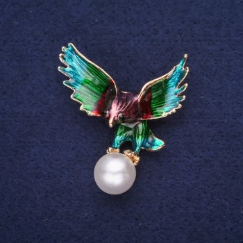 Eagle-Shaped Brooch with Pearl Bead, Enamel in Sea Wave, Burgundy, Green, and Purple, Gold-Tone Metal
