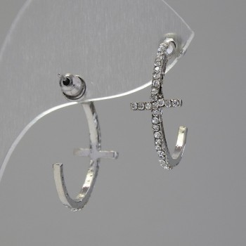 Hoop-style stud earrings with a cross-shaped design, encrusted with crystals / silver-plated metal / 35 × 12 mm