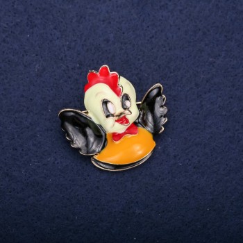Bird-shaped Brooch 'Chicken' with Enamel in Black, Yellow and Red, 35×35 mm, Gold-tone Metal
