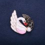 Brooch 'Birds Swans' with enamel and crystals, white, pink, black, red, 43×38 mm, gold-tone metal