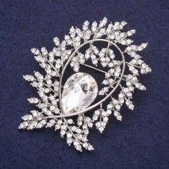 Brooch Frosty Branch with Crystals, White Color, 57x47 mm, Silver-Tone Metal