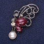 Accent Brooch with Pearl Bead Pendant and Stones, Burgundy and Gray, 62×32 mm, Silver-Tone Metal