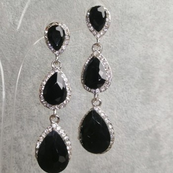 Earrings with Black Crystals, 6 cm long, Gray Metal