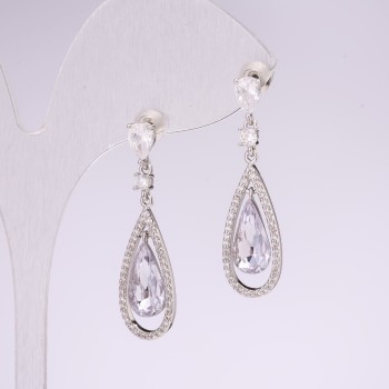 925 Series Teardrop Earrings with Stones, Gray Color, 10×35 mm, Silver-Colored Metal