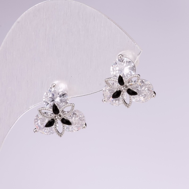 925 Series Stud Earrings with White and Black Stones, 13x13 mm, Silver-Tone Metal, Korea