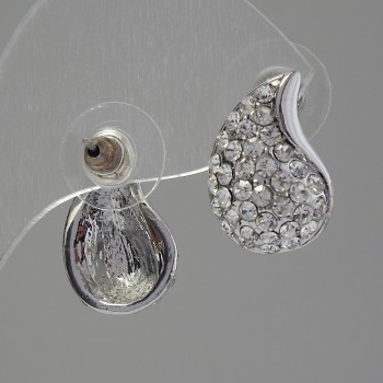 White Rhinestone Stud Earrings, 12x18 mm, Silver-Toned Metal