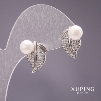 Earrings Xuping Mallorca Pearl Leaves, white, 17x13mm, rhodium-plated