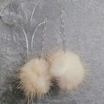 Threader earrings with natural beige mink fur, 30 mm diameter, 10 cm length